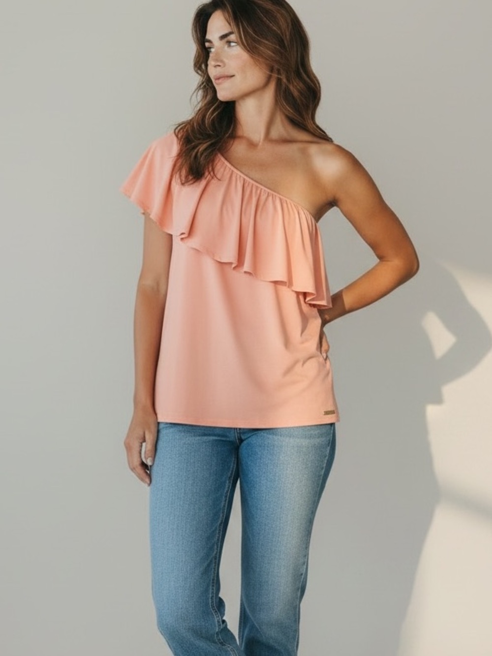 MICHAEL Michael Kors Peach One-Shoulder Ruffle Top Size Large